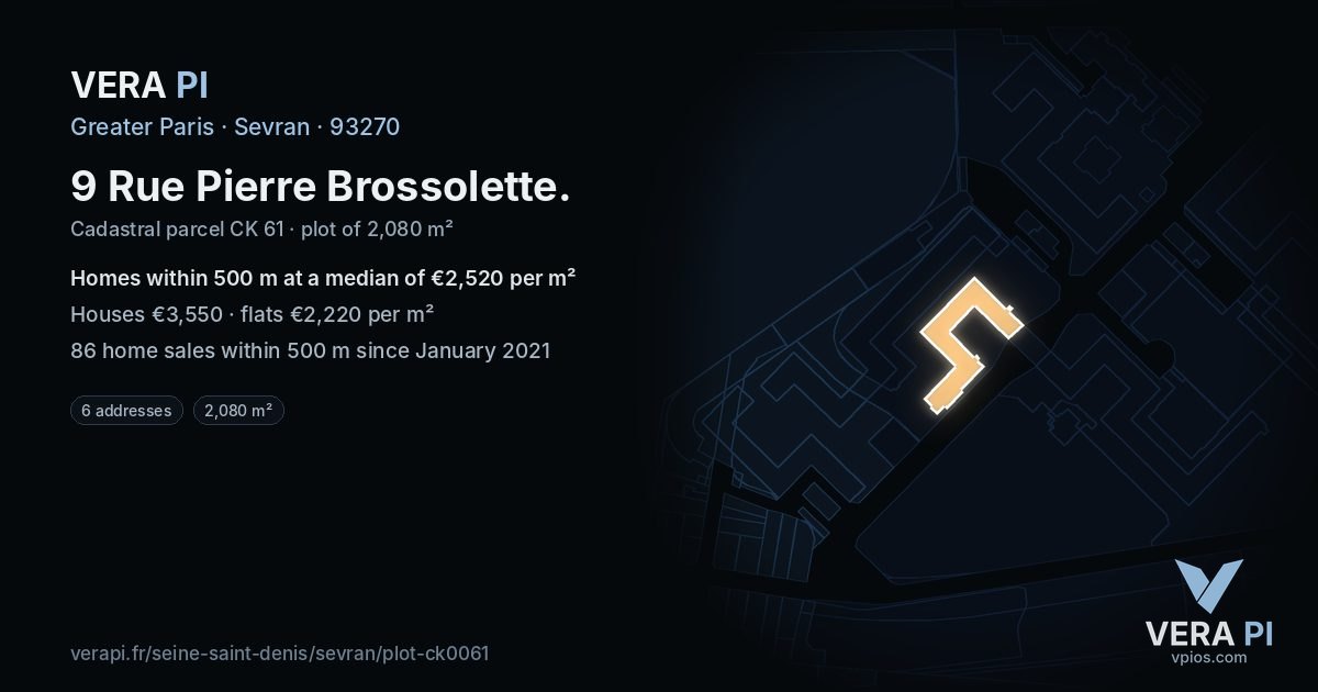 9 Rue Pierre Brossolette, Sevran at night – the plot lit, the parcels around coloured by the prices near them