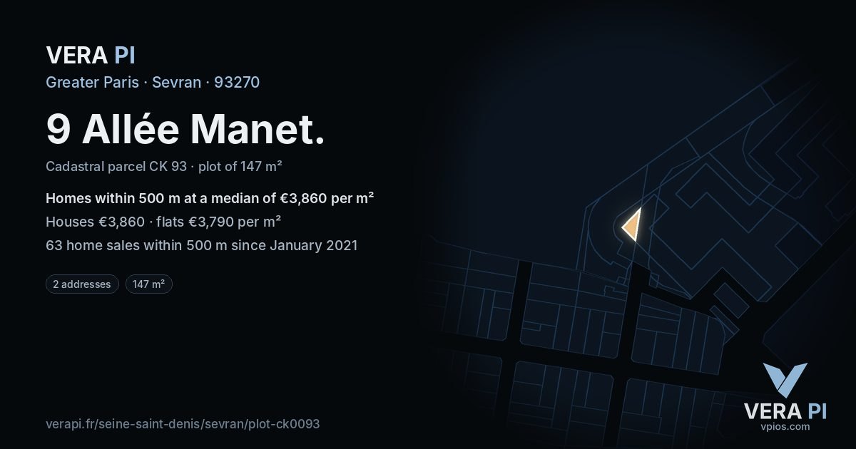 9 Allée Manet, Sevran at night – the plot lit, the parcels around coloured by the prices near them