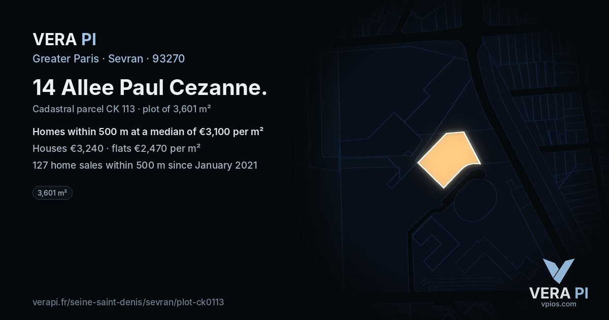 14 Allee Paul Cezanne, Sevran at night – the plot lit, the parcels around coloured by the prices near them