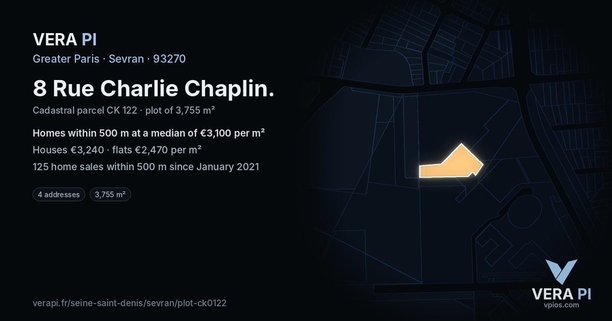 8 Rue Charlie Chaplin, Sevran at night – the plot lit, the parcels around coloured by the prices near them
