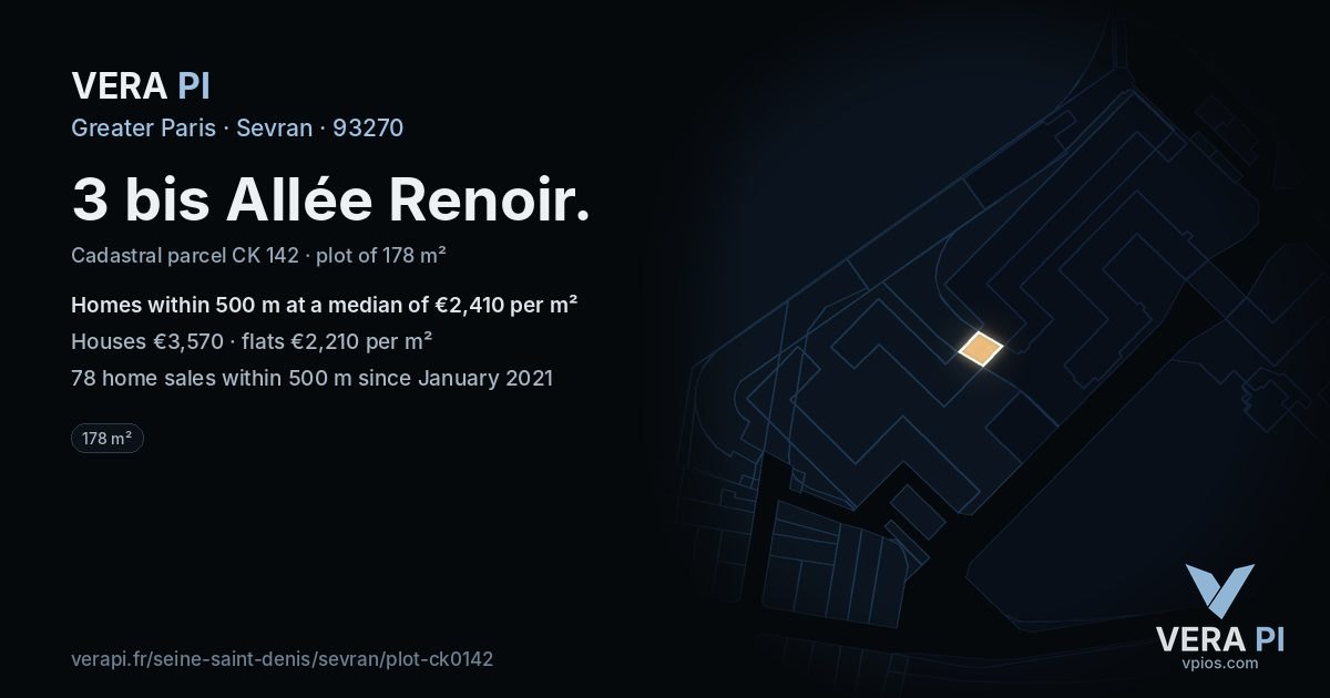3 bis Allée Renoir, Sevran at night – the plot lit, the parcels around coloured by the prices near them