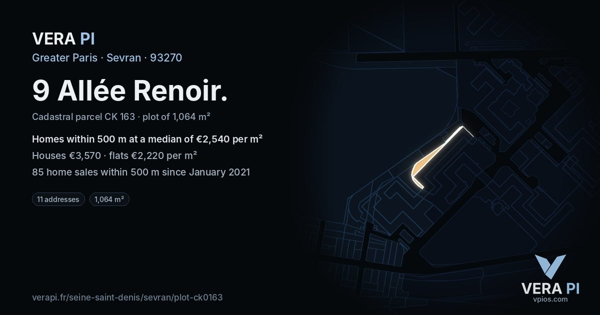 9 Allée Renoir, Sevran at night – the plot lit, the parcels around coloured by the prices near them