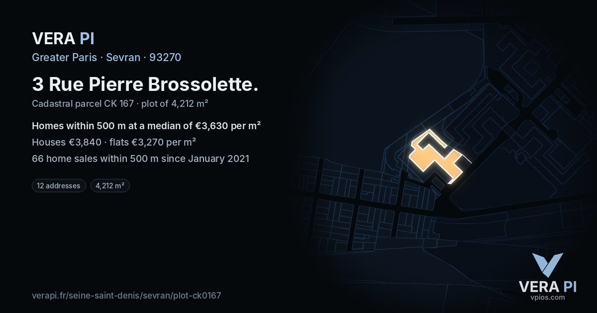 3 Rue Pierre Brossolette, Sevran at night – the plot lit, the parcels around coloured by the prices near them