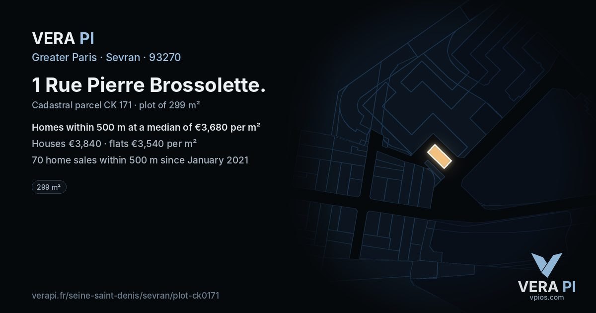 1 Rue Pierre Brossolette, Sevran at night – the plot lit, the parcels around coloured by the prices near them