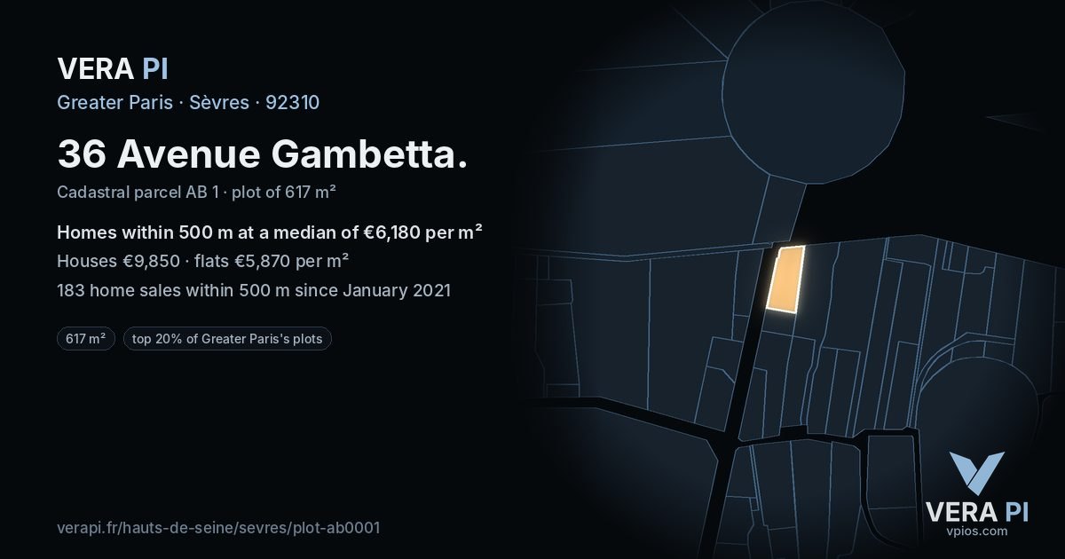 36 Avenue Gambetta, Sèvres at night – the plot lit, the parcels around coloured by the prices near them