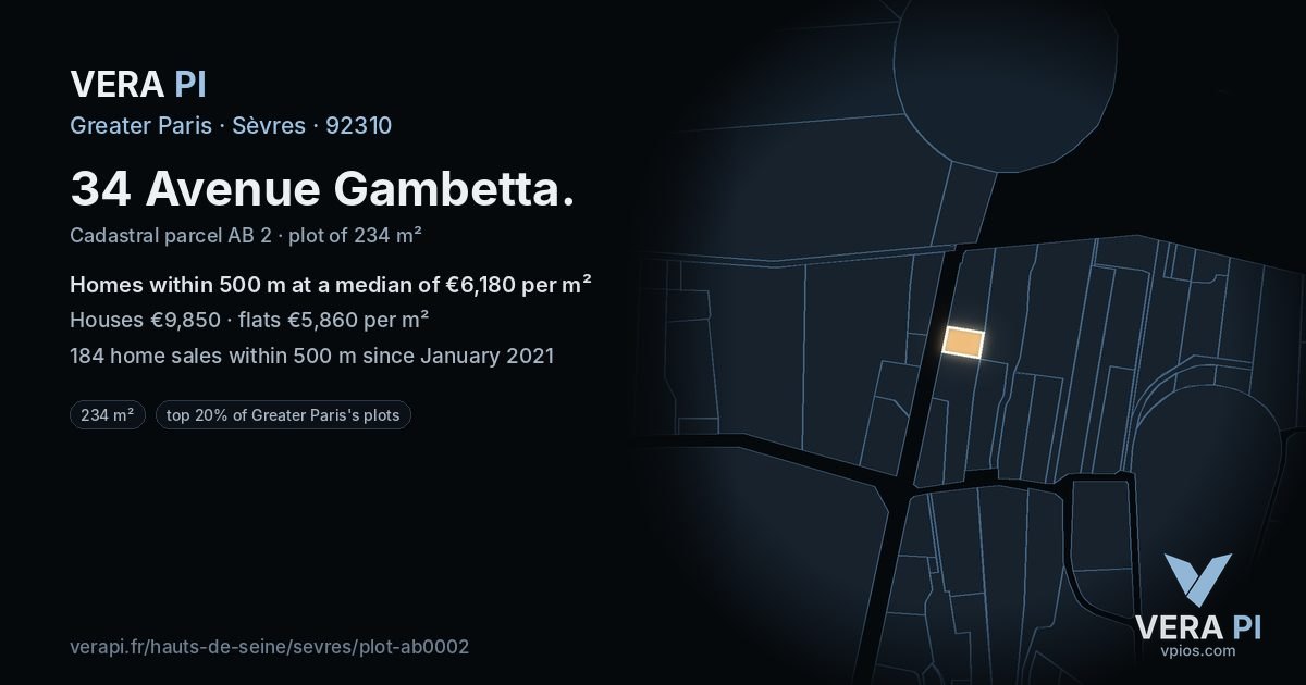 34 Avenue Gambetta, Sèvres at night – the plot lit, the parcels around coloured by the prices near them