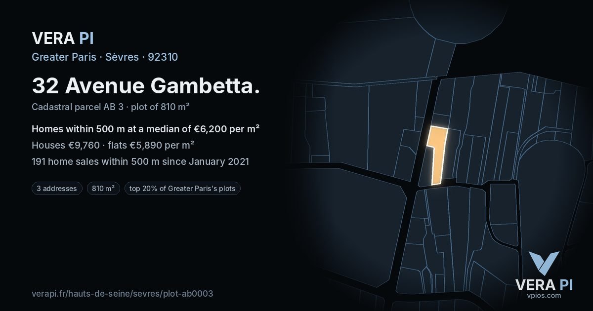 32 Avenue Gambetta, Sèvres at night – the plot lit, the parcels around coloured by the prices near them