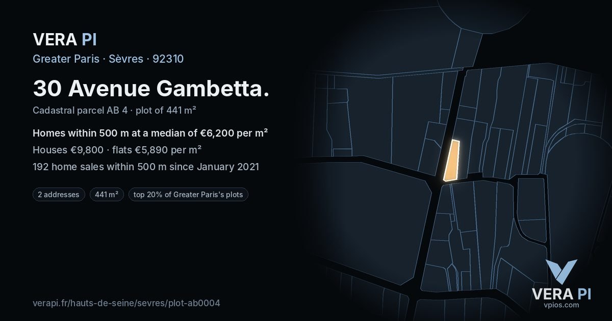 30 Avenue Gambetta, Sèvres at night – the plot lit, the parcels around coloured by the prices near them