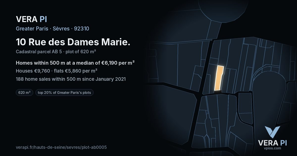 10 Rue des Dames Marie, Sèvres at night – the plot lit, the parcels around coloured by the prices near them