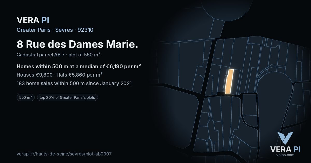 8 Rue des Dames Marie, Sèvres at night – the plot lit, the parcels around coloured by the prices near them