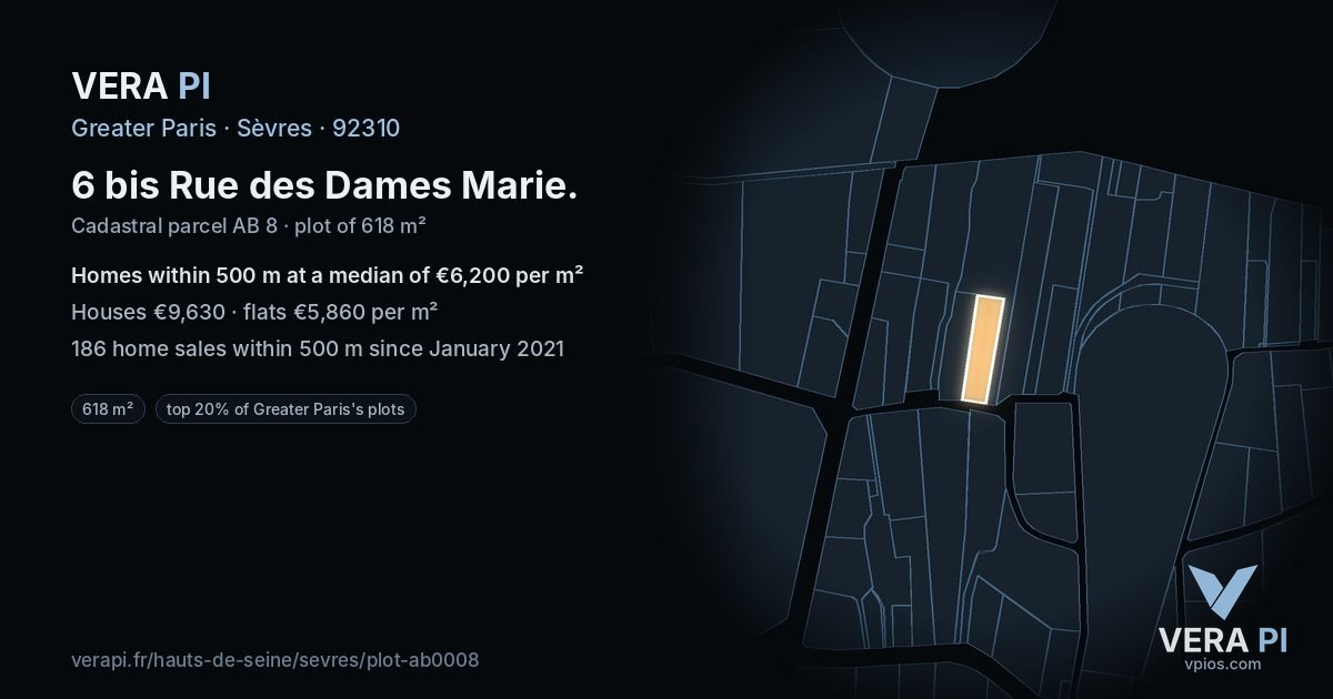 6 bis Rue des Dames Marie, Sèvres at night – the plot lit, the parcels around coloured by the prices near them