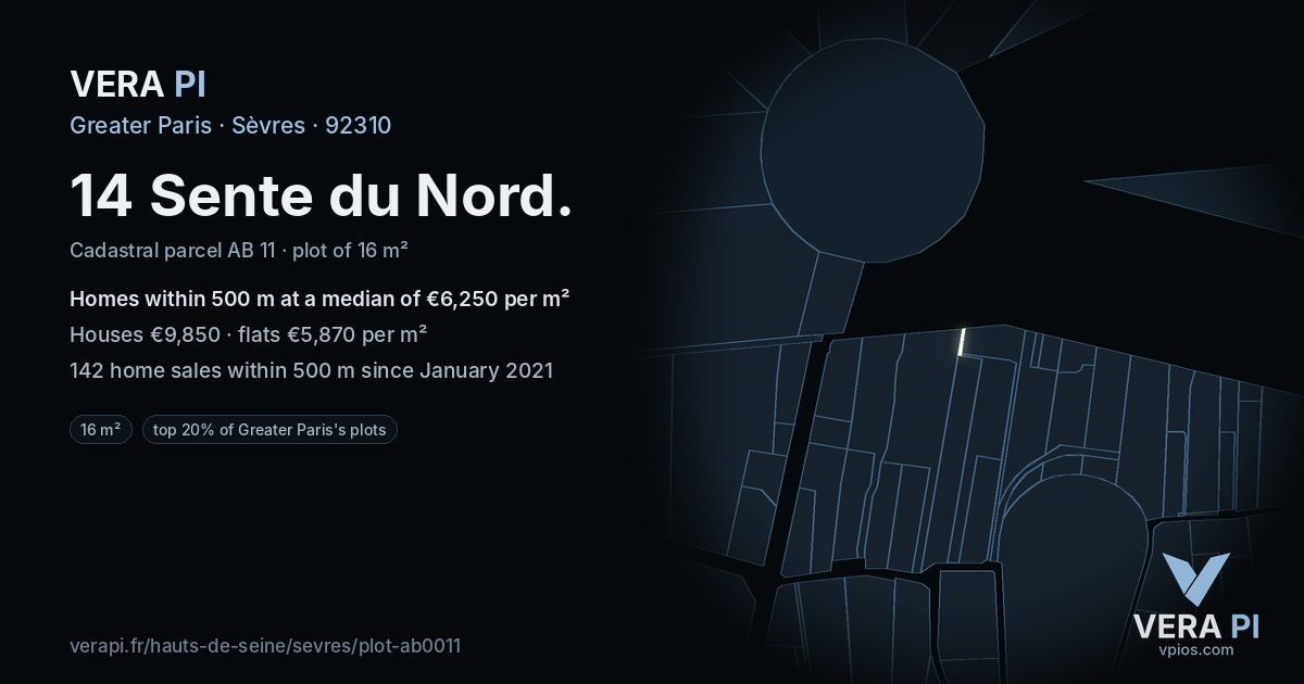 14 Sente du Nord, Sèvres at night – the plot lit, the parcels around coloured by the prices near them