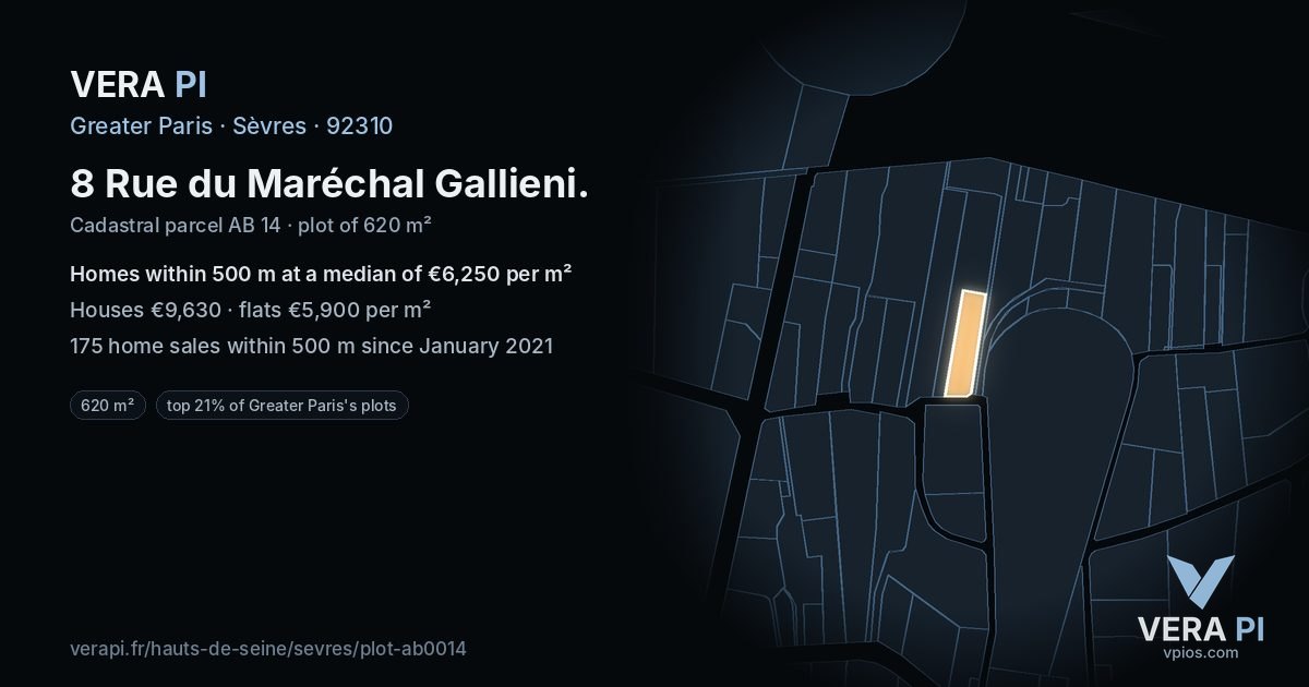 8 Rue du Maréchal Gallieni, Sèvres at night – the plot lit, the parcels around coloured by the prices near them