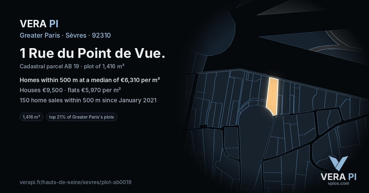 1 Rue du Point de Vue, Sèvres at night – the plot lit, the parcels around coloured by the prices near them