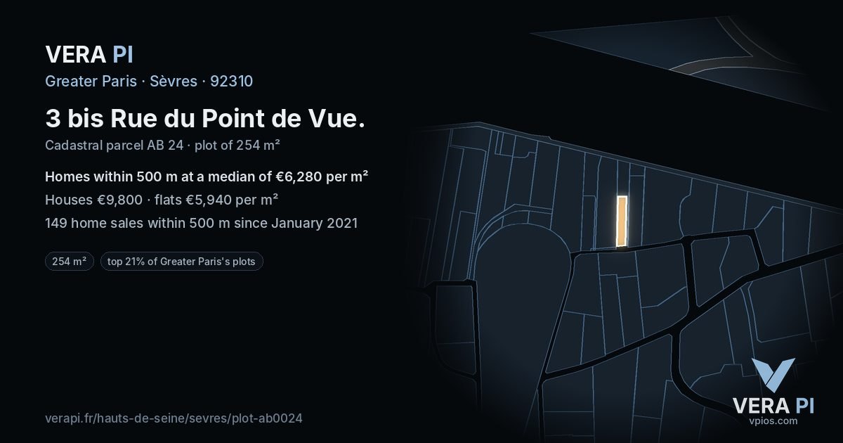 3 bis Rue du Point de Vue, Sèvres at night – the plot lit, the parcels around coloured by the prices near them