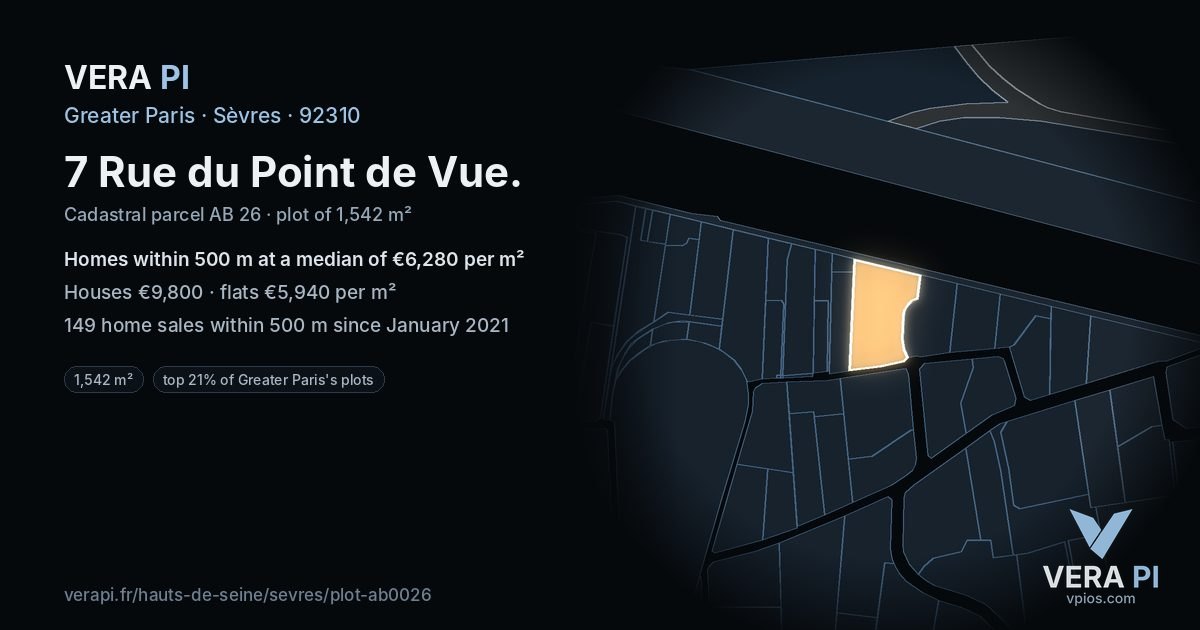 7 Rue du Point de Vue, Sèvres at night – the plot lit, the parcels around coloured by the prices near them