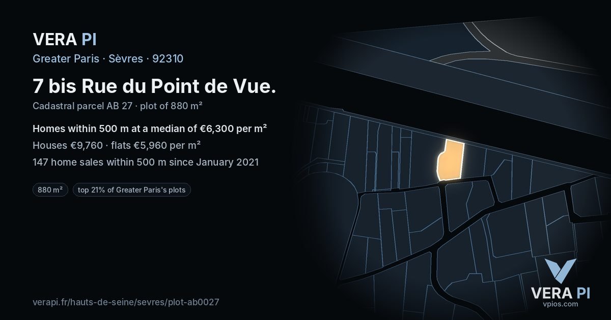 7 bis Rue du Point de Vue, Sèvres at night – the plot lit, the parcels around coloured by the prices near them