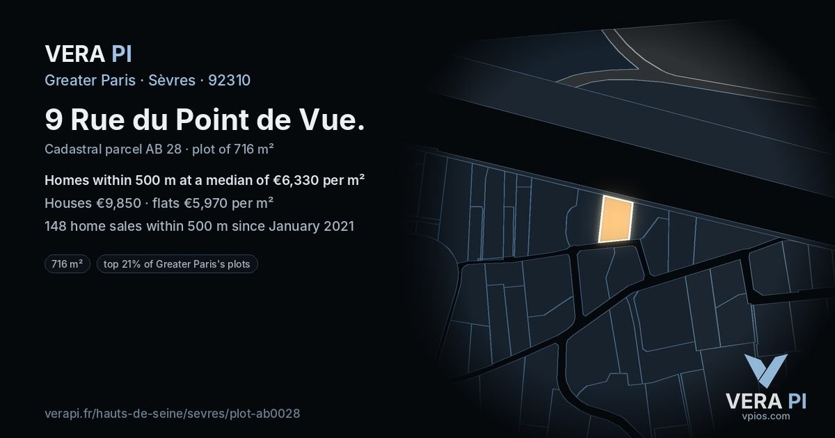 9 Rue du Point de Vue, Sèvres at night – the plot lit, the parcels around coloured by the prices near them