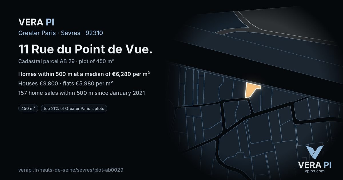 11 Rue du Point de Vue, Sèvres at night – the plot lit, the parcels around coloured by the prices near them