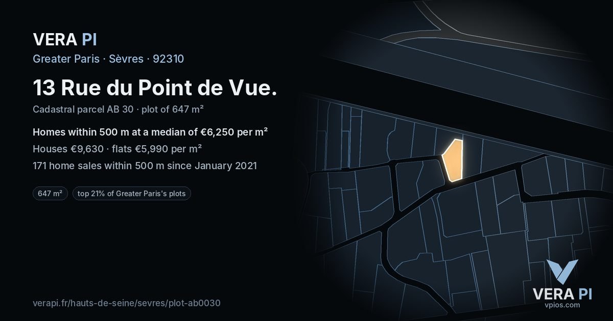 13 Rue du Point de Vue, Sèvres at night – the plot lit, the parcels around coloured by the prices near them