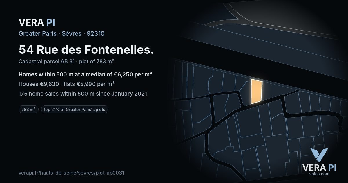 54 Rue des Fontenelles, Sèvres at night – the plot lit, the parcels around coloured by the prices near them