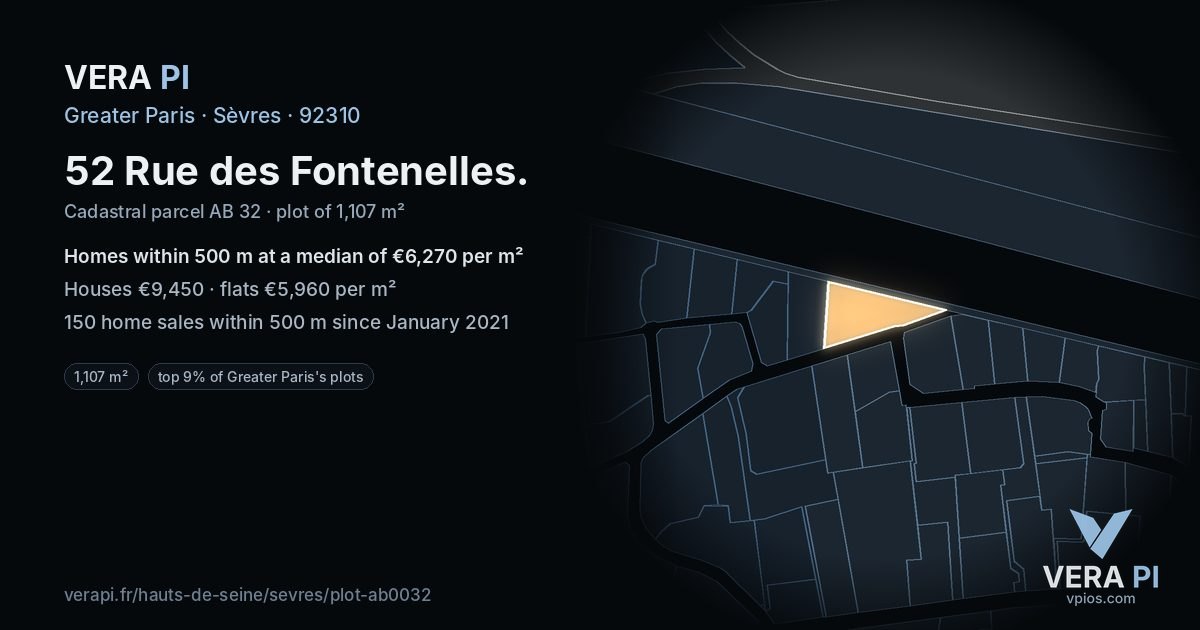 52 Rue des Fontenelles, Sèvres at night – the plot lit, the parcels around coloured by the prices near them