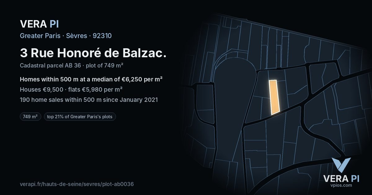 3 Rue Honoré de Balzac, Sèvres at night – the plot lit, the parcels around coloured by the prices near them