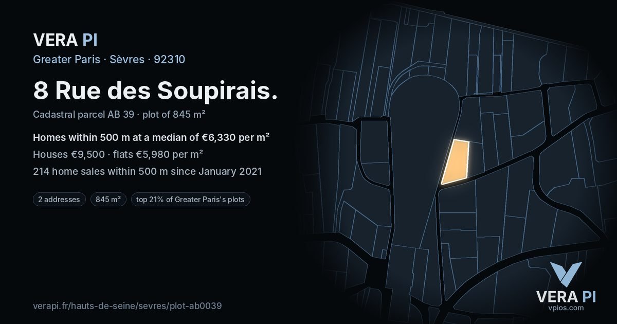 8 Rue des Soupirais, Sèvres at night – the plot lit, the parcels around coloured by the prices near them