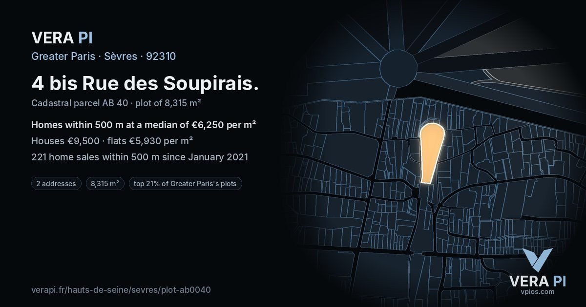 4 bis Rue des Soupirais, Sèvres at night – the plot lit, the parcels around coloured by the prices near them