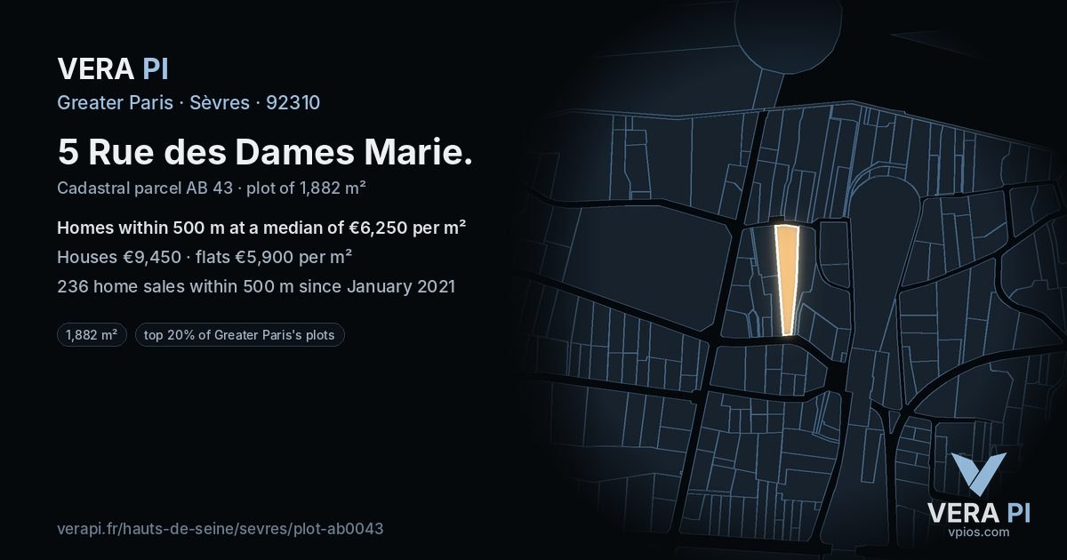 5 Rue des Dames Marie, Sèvres at night – the plot lit, the parcels around coloured by the prices near them