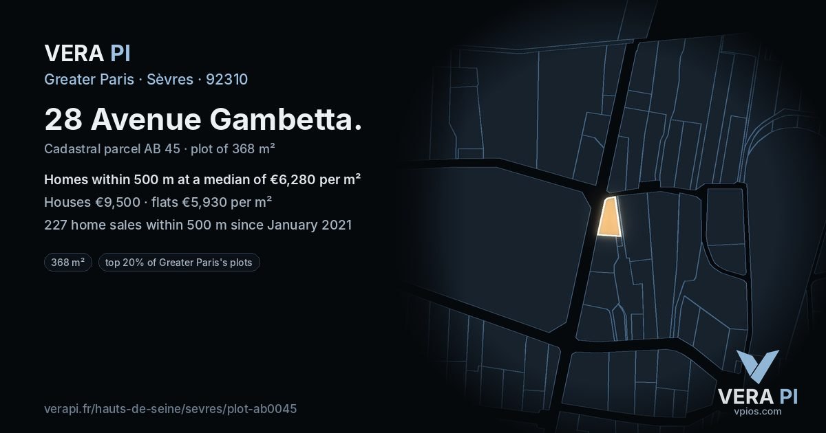 28 Avenue Gambetta, Sèvres at night – the plot lit, the parcels around coloured by the prices near them