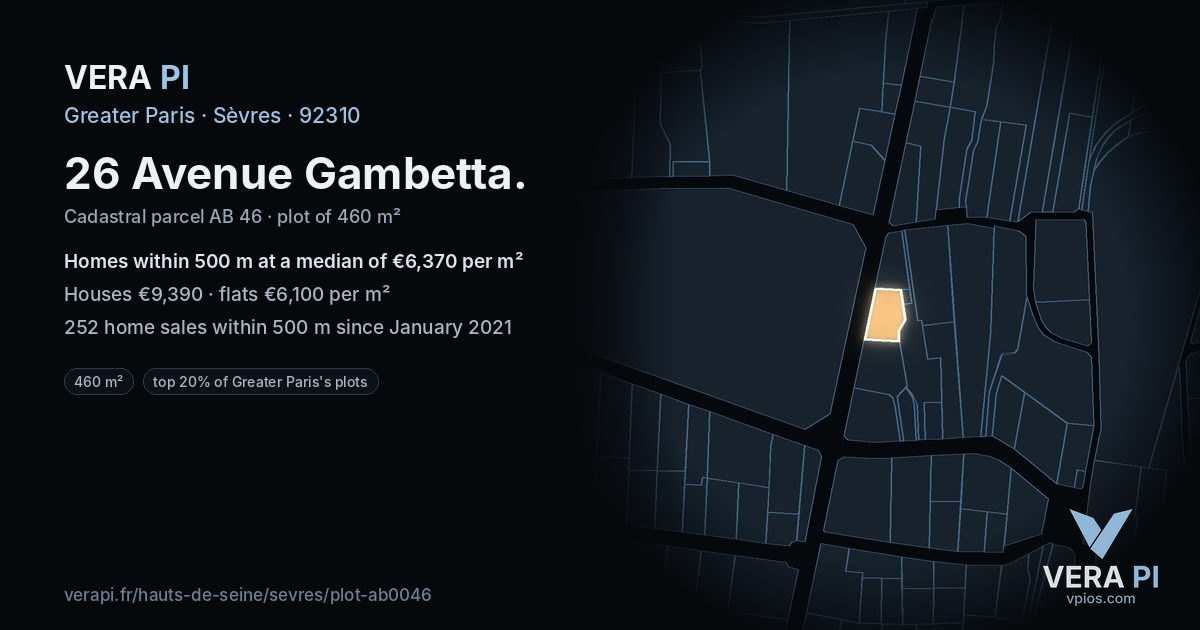 26 Avenue Gambetta, Sèvres at night – the plot lit, the parcels around coloured by the prices near them