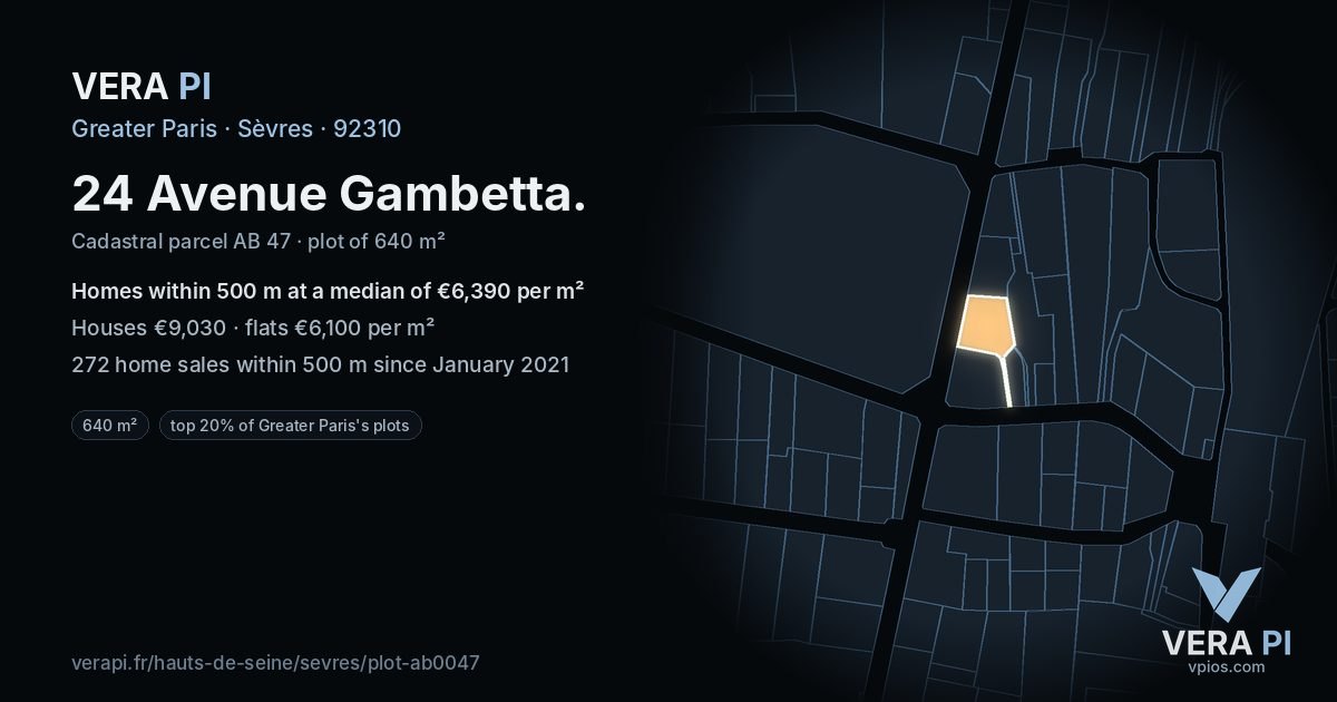 24 Avenue Gambetta, Sèvres at night – the plot lit, the parcels around coloured by the prices near them
