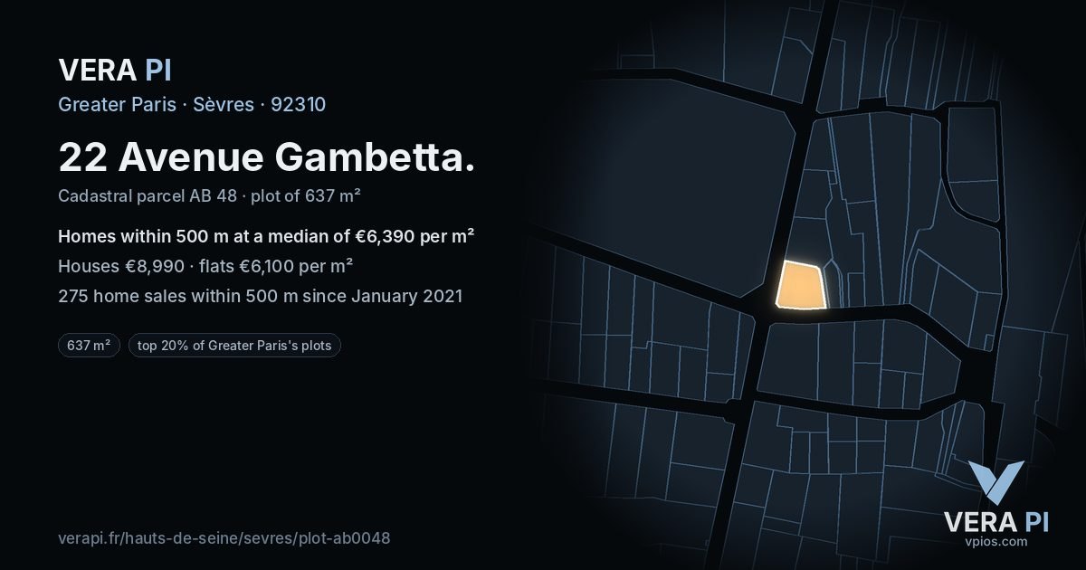 22 Avenue Gambetta, Sèvres at night – the plot lit, the parcels around coloured by the prices near them