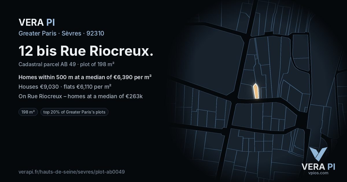 12 bis Rue Riocreux, Sèvres at night – the plot lit, the parcels around coloured by the prices near them