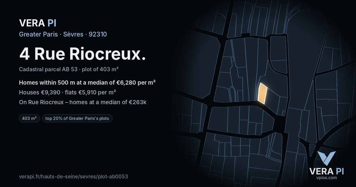 4 Rue Riocreux, Sèvres at night – the plot lit, the parcels around coloured by the prices near them
