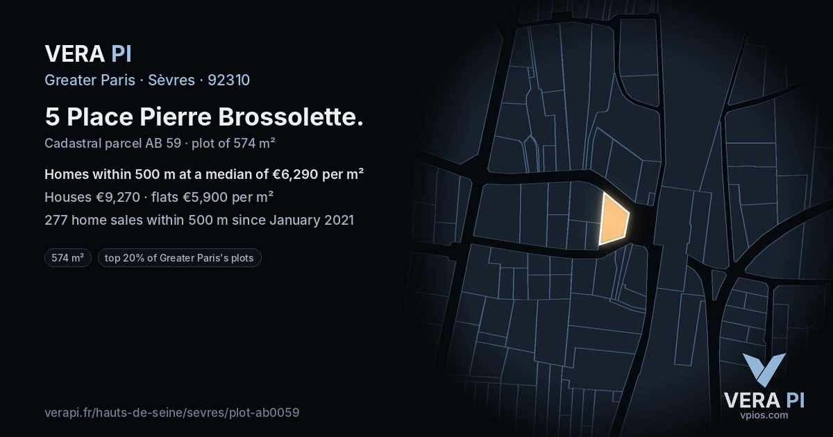 5 Place Pierre Brossolette, Sèvres at night – the plot lit, the parcels around coloured by the prices near them