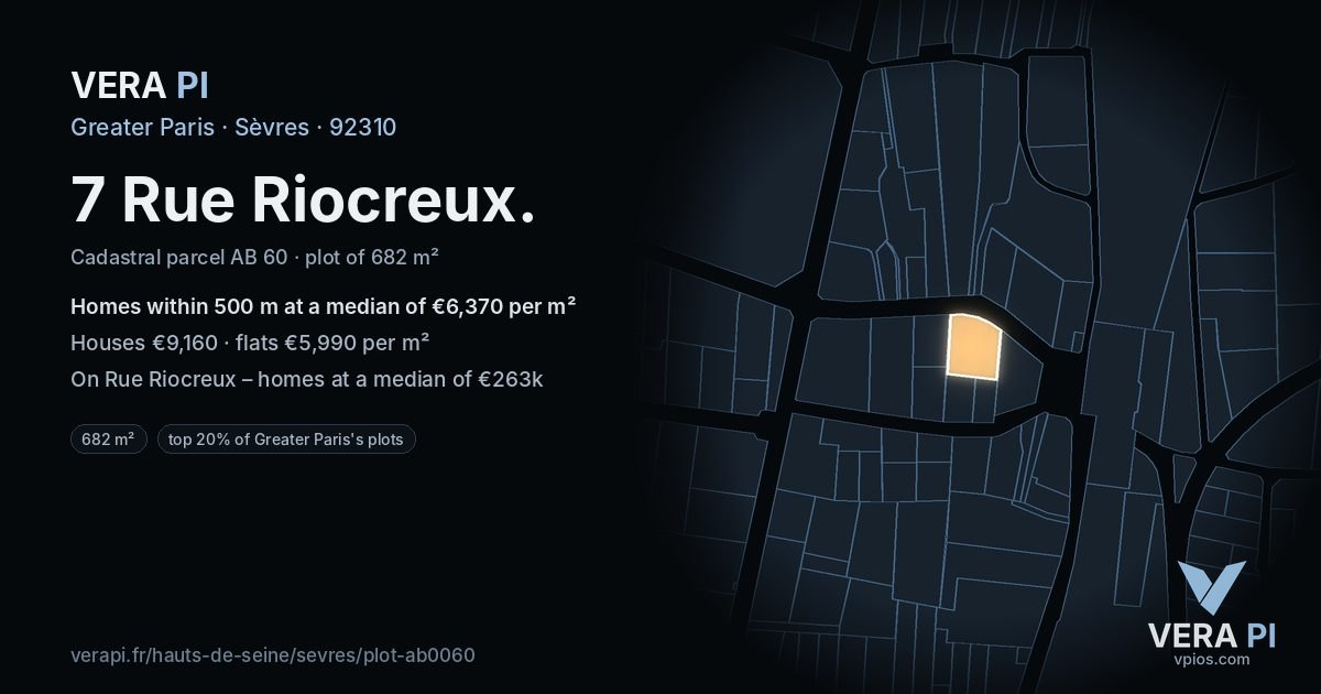 7 Rue Riocreux, Sèvres at night – the plot lit, the parcels around coloured by the prices near them