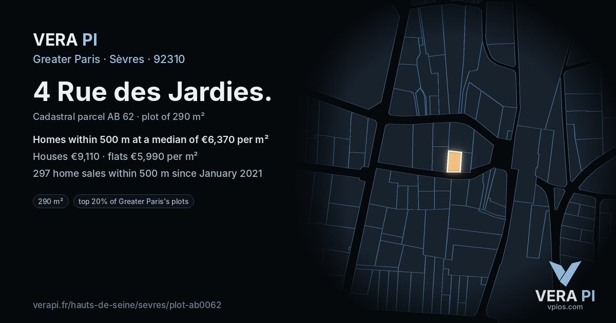4 Rue des Jardies, Sèvres at night – the plot lit, the parcels around coloured by the prices near them