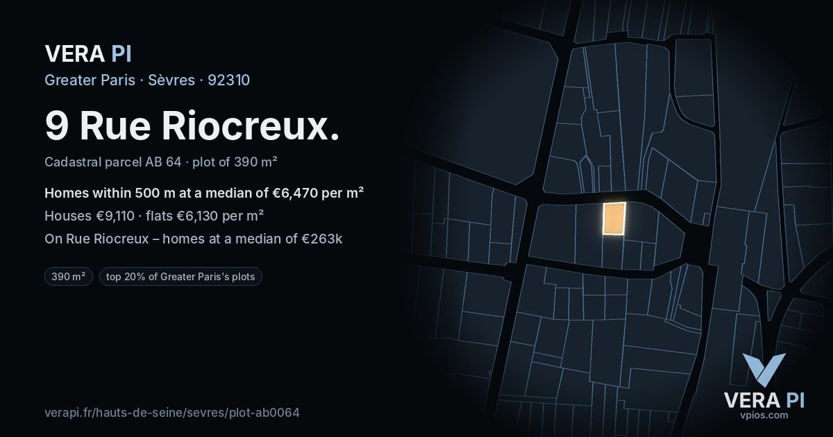 9 Rue Riocreux, Sèvres at night – the plot lit, the parcels around coloured by the prices near them