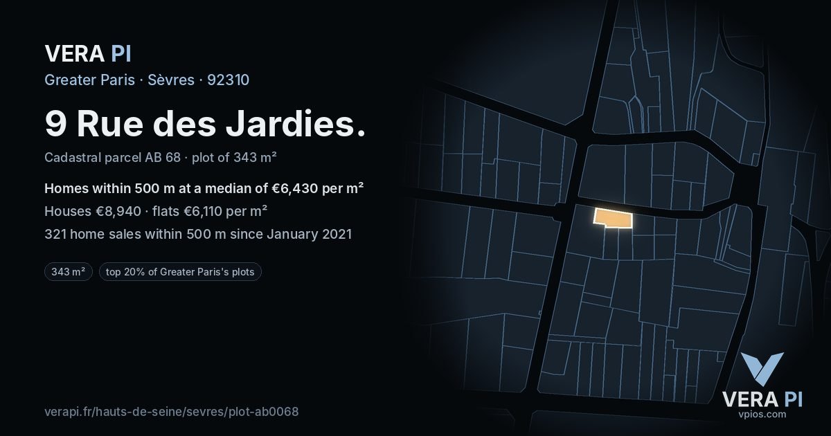 9 Rue des Jardies, Sèvres at night – the plot lit, the parcels around coloured by the prices near them