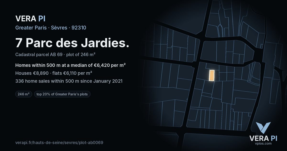 7 Parc des Jardies, Sèvres at night – the plot lit, the parcels around coloured by the prices near them