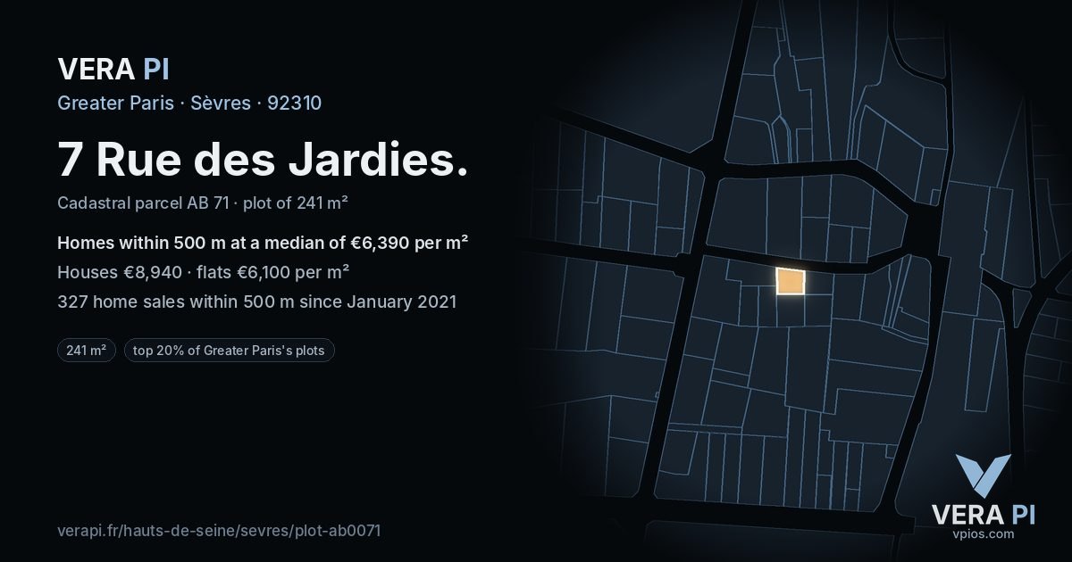 7 Rue des Jardies, Sèvres at night – the plot lit, the parcels around coloured by the prices near them