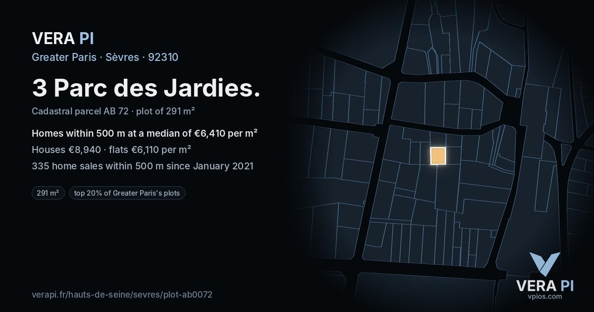 3 Parc des Jardies, Sèvres at night – the plot lit, the parcels around coloured by the prices near them