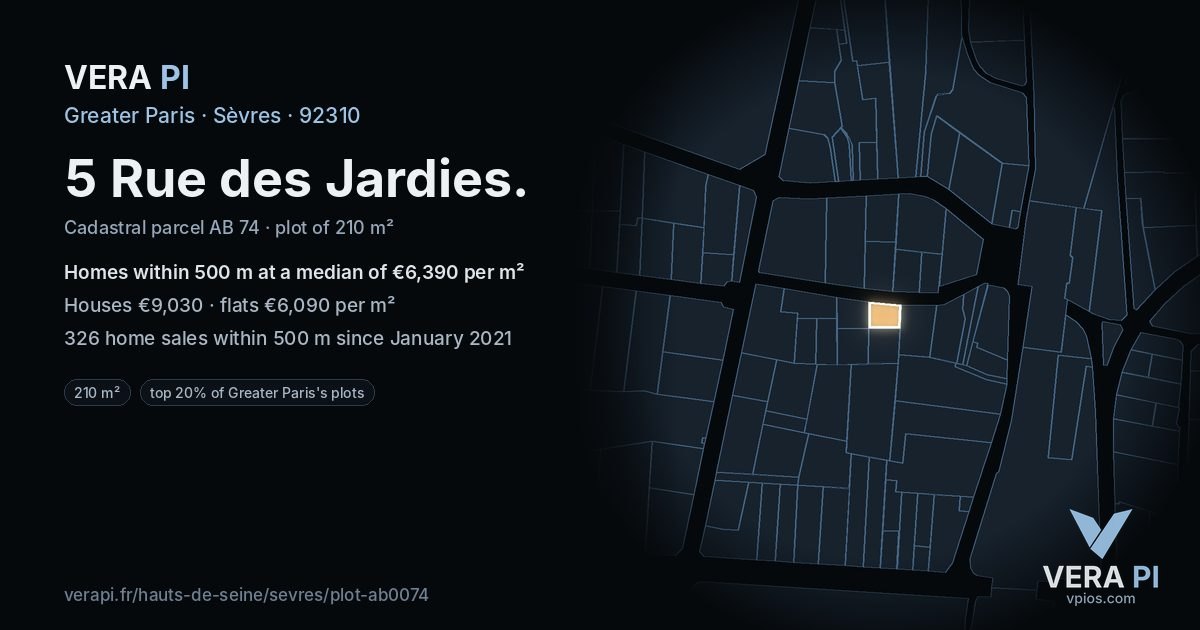 5 Rue des Jardies, Sèvres at night – the plot lit, the parcels around coloured by the prices near them