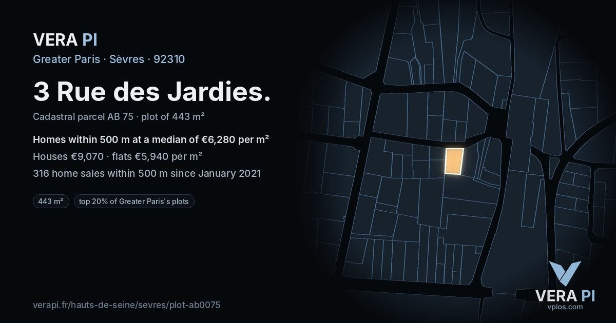 3 Rue des Jardies, Sèvres at night – the plot lit, the parcels around coloured by the prices near them