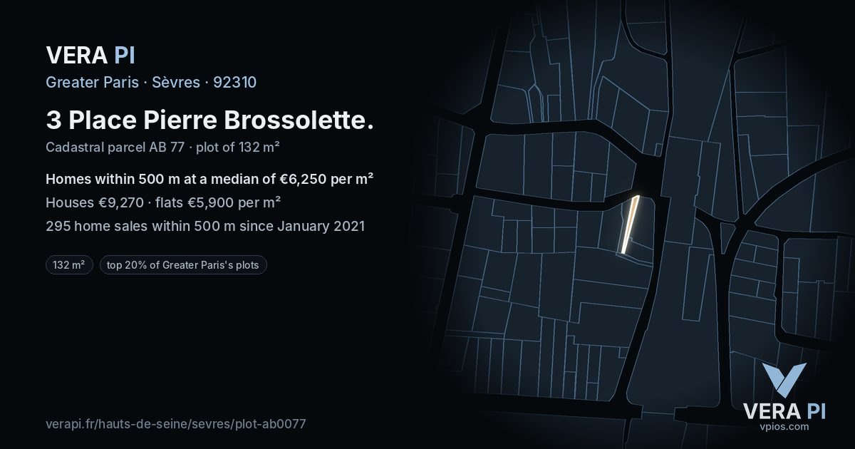 3 Place Pierre Brossolette, Sèvres at night – the plot lit, the parcels around coloured by the prices near them