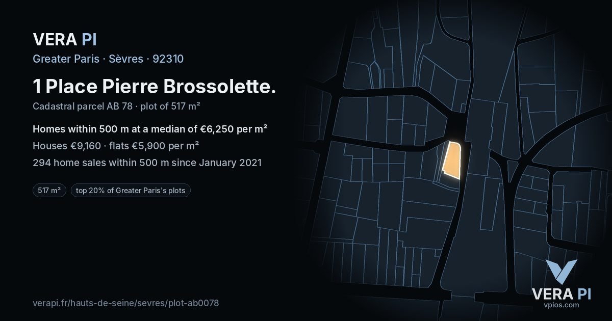 1 Place Pierre Brossolette, Sèvres at night – the plot lit, the parcels around coloured by the prices near them