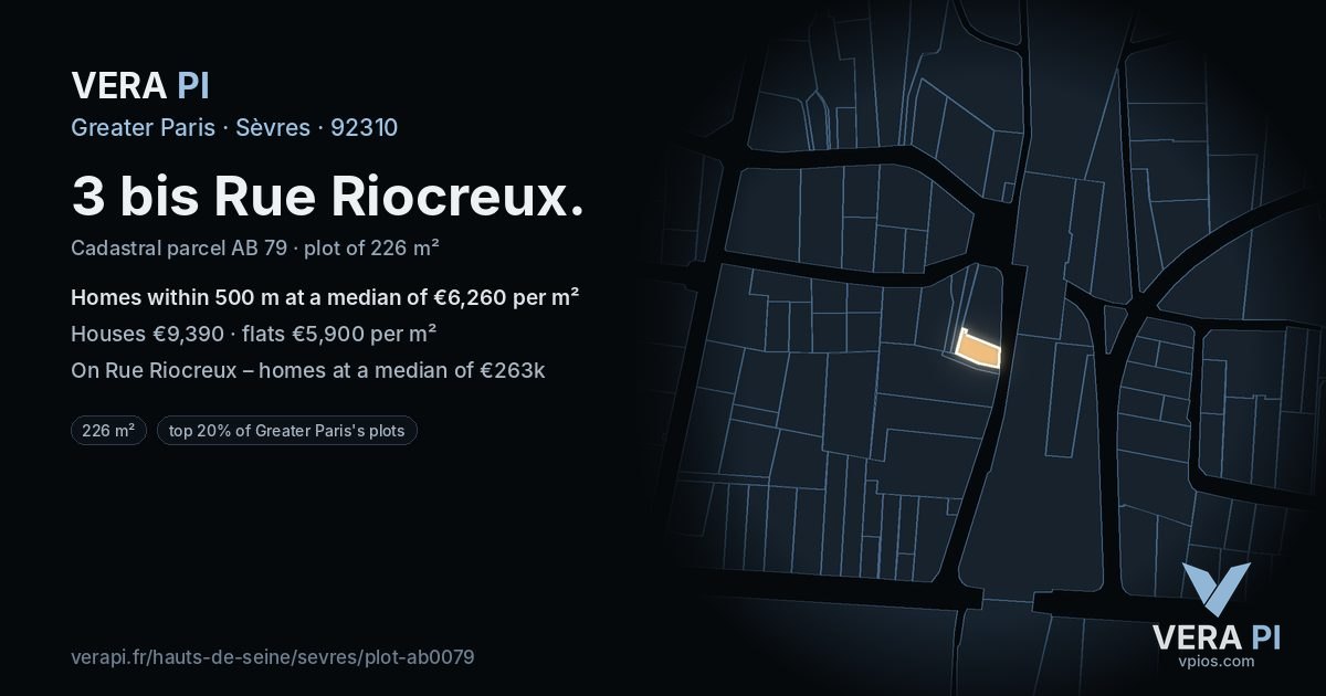 3 bis Rue Riocreux, Sèvres at night – the plot lit, the parcels around coloured by the prices near them