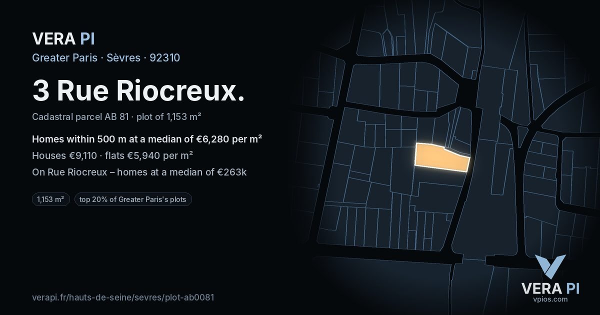 3 Rue Riocreux, Sèvres at night – the plot lit, the parcels around coloured by the prices near them